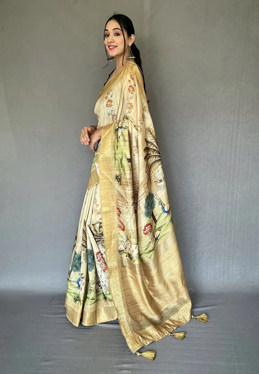 Cream color silk saree in Pichwai Tussar - Colorful Saree