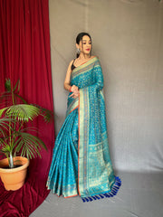 Cyan Blue Silk Woven saree in Rajkoti Patola - Colorful Saree