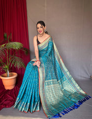 Cyan Blue Silk Woven saree in Rajkoti Patola - Colorful Saree