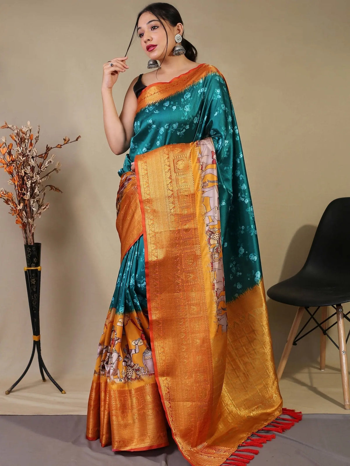 Dark Aqua Saree in Floral Kalamkari Print - Colorful Saree