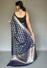 Dark Blue Saree in Tabby Silk with Rose Gold Zari - Colorful Saree