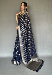 Dark Blue Saree in Tabby Silk with Rose Gold Zari - Colorful Saree