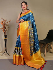 Dark Blue saree in Floral Kalamkari Print - Colorful Saree