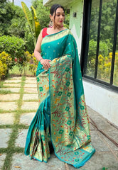 Dark Cyan Saree in Paithani with Big Border - Colorful Saree