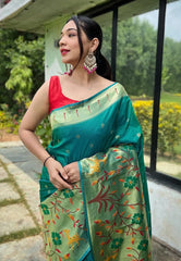 Dark Cyan Saree in Paithani with Big Border - Colorful Saree