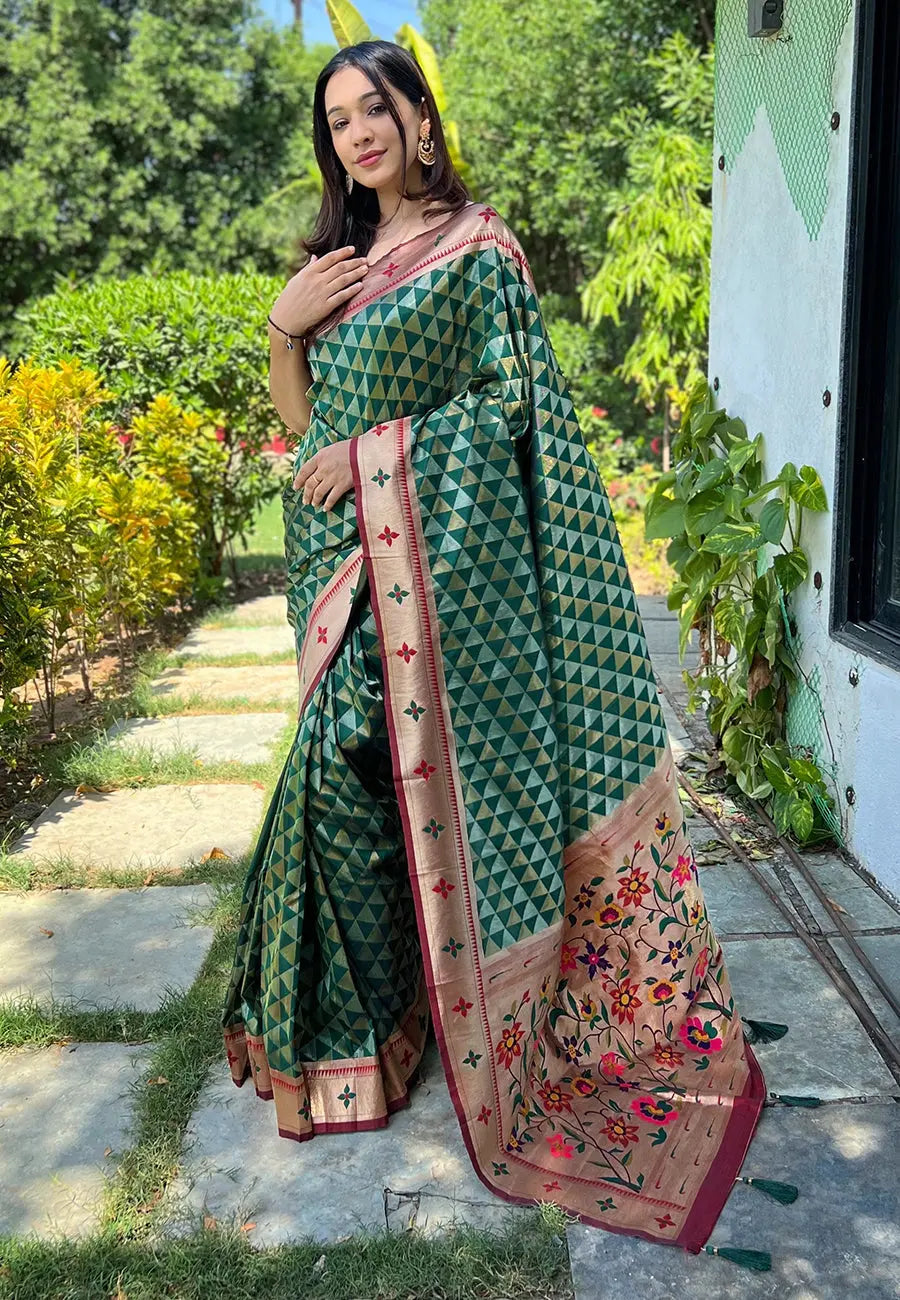 Dark Green Saree in Banarasi Paithani Silk - Colorful Saree