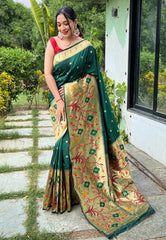 Dark Green Saree in Paithani with Big Border - Colorful Saree