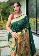 Dark Green Saree in Paithani with Big Border - Colorful Saree
