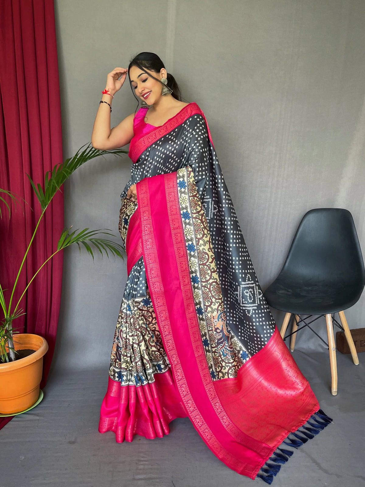 Dark Grey Saree in Bandhej Kalamkari Print - Colorful Saree