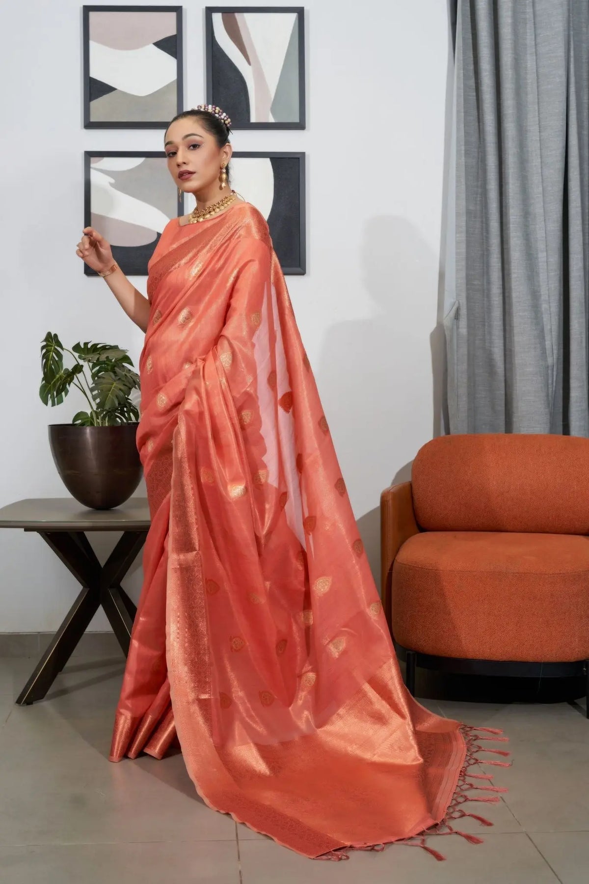 Dark Peach Saree in Silk Woven with Organza Tissue - Colorful Saree