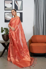Dark Peach Saree in Silk Woven with Organza Tissue - Colorful Saree