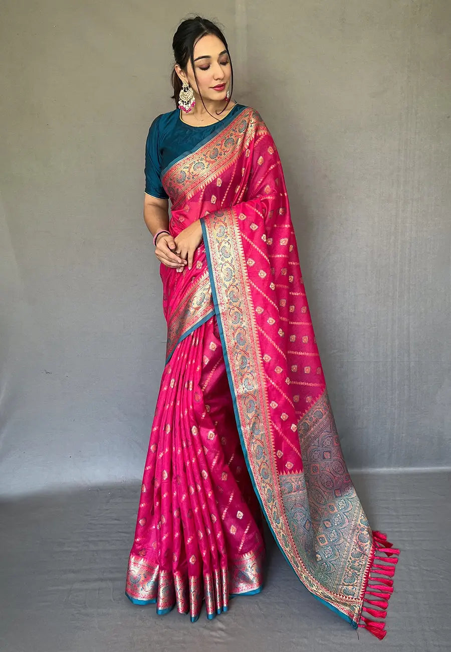 Dark Pink Saree in silk Woven with Cotton Zari - Colorful Saree