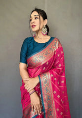 Dark Pink Saree in silk Woven with Cotton Zari - Colorful Saree