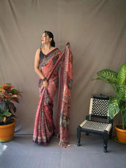 Deep Chestut saree in Cotton Kalamkari Print - Colorful Saree