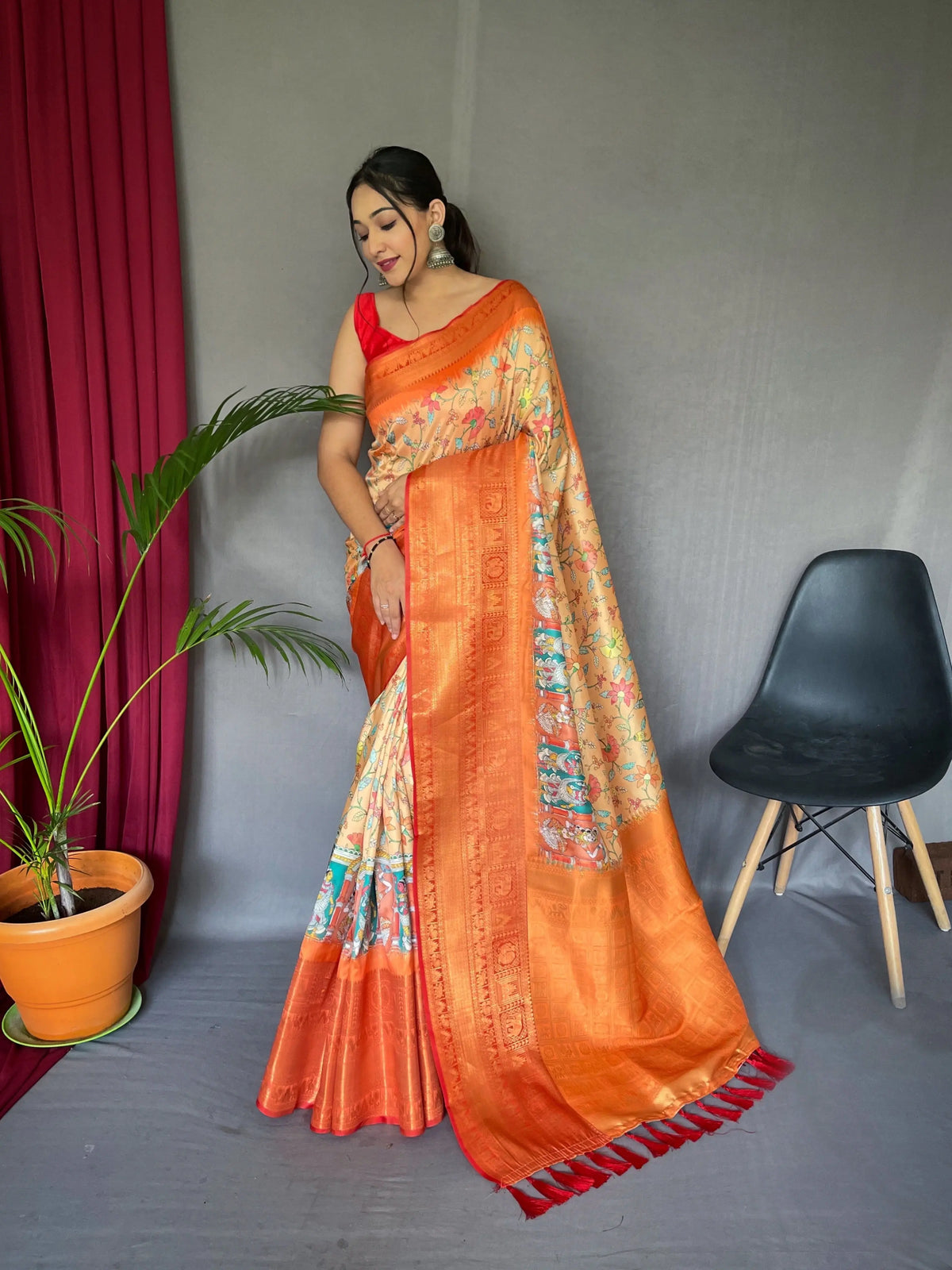 Deep Peach saree in Phool Kalamkari Print - Colorful Saree