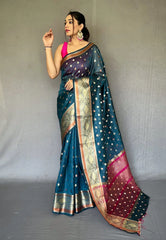 Denim Blue Saree in Organza with Contrast Zari - Colorful Saree
