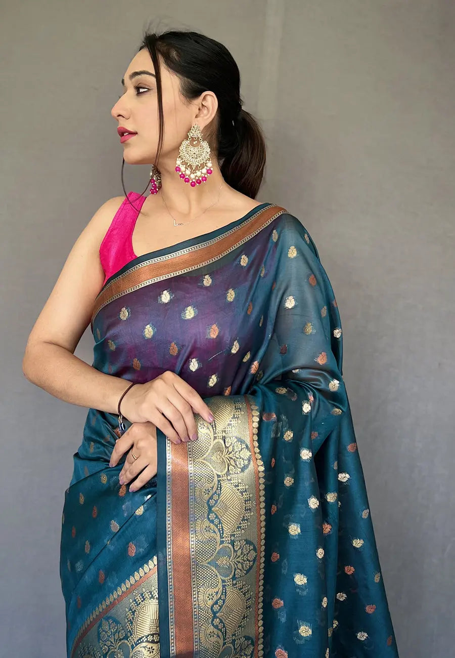 Denim Blue Saree in Organza with Contrast Zari - Colorful Saree
