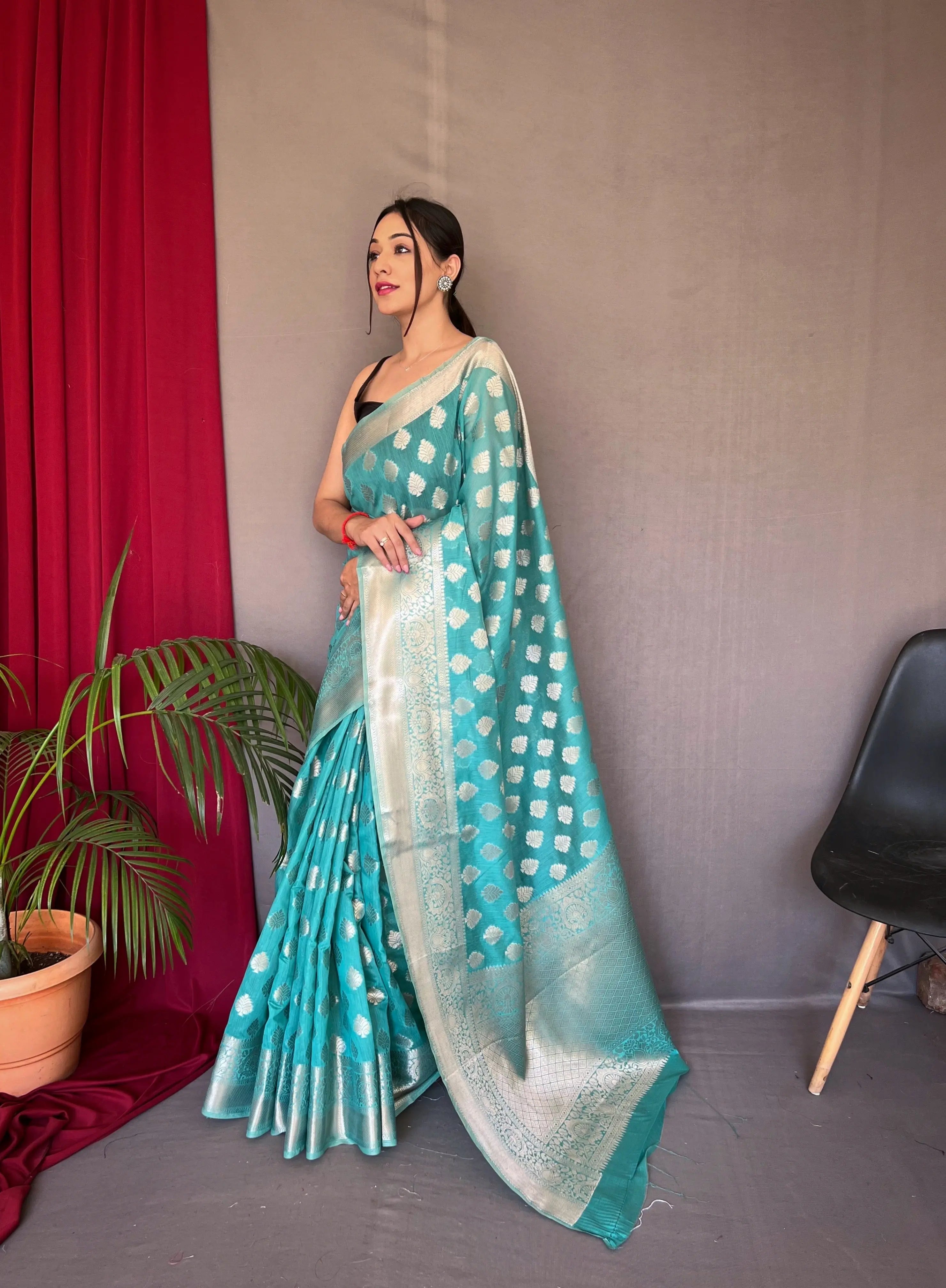 Fountain Blue Saree in Cotton Muslin - Colorful Saree