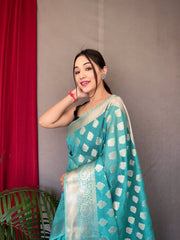 Fountain Blue Saree in Cotton Muslin - Colorful Saree