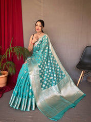 Fountain Blue Saree in Cotton Muslin - Colorful Saree