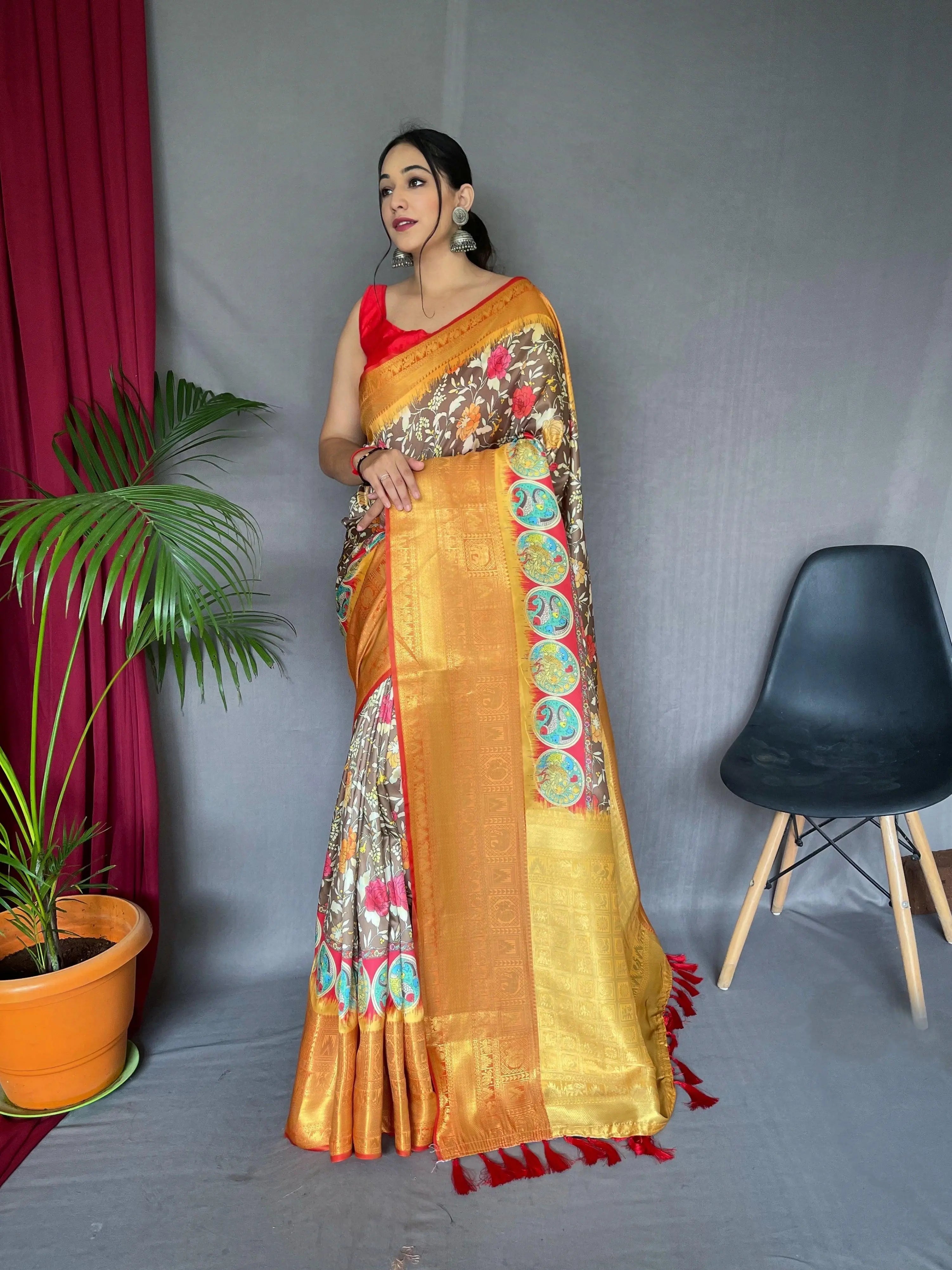 Gala Phool Kalamkari Printed Woven Saree Taupe Brown - Colorful Saree