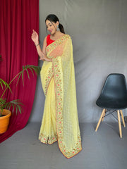 Georgette Sequins Designer Embroidered Saree Yellow - Colorful Saree