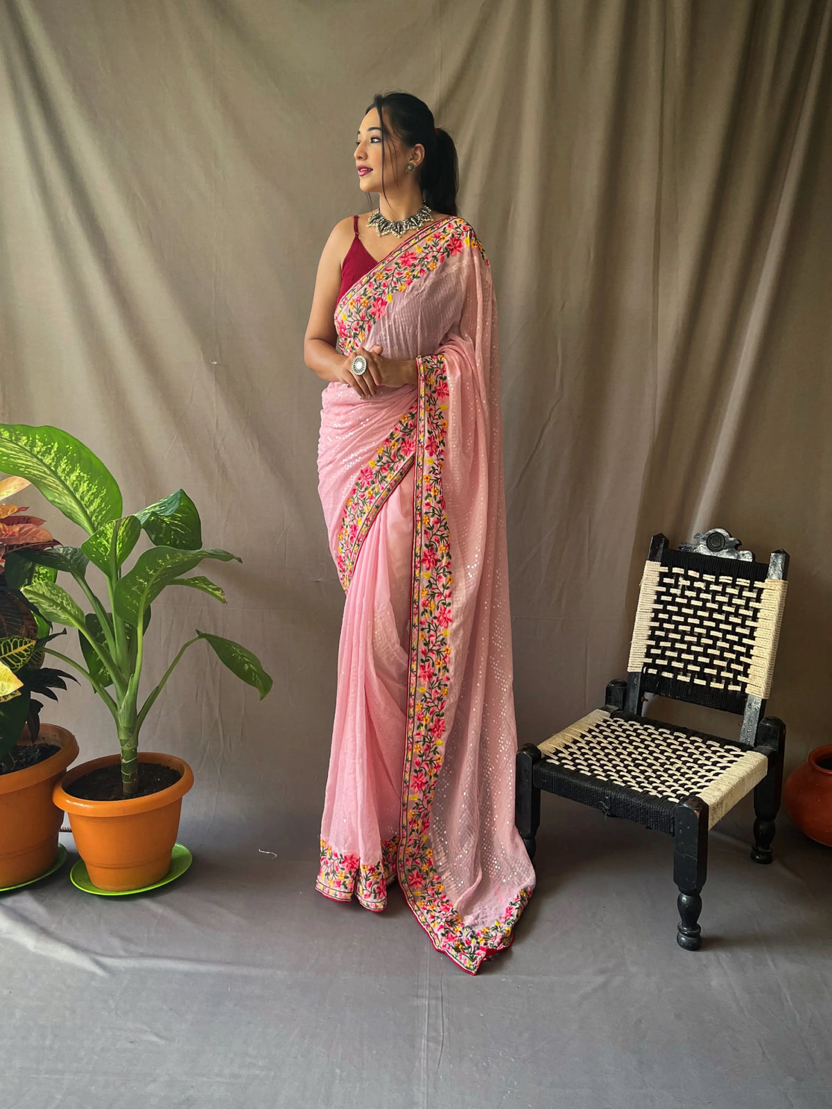 Georgette Sequins Designer Saree Pastel Pink - Colorful Saree