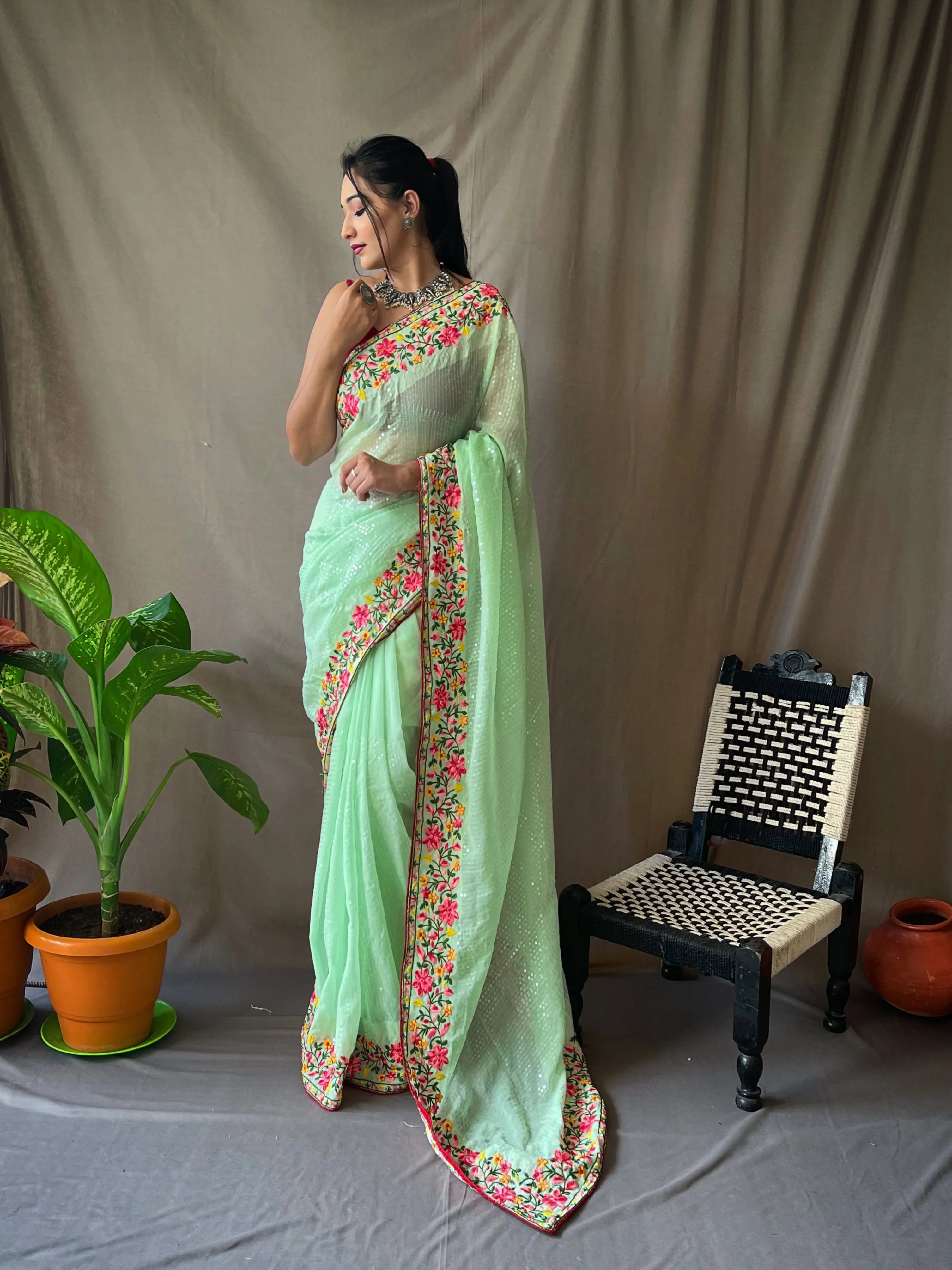 Georgette Sequins Designer Saree Soft Green - Colorful Saree