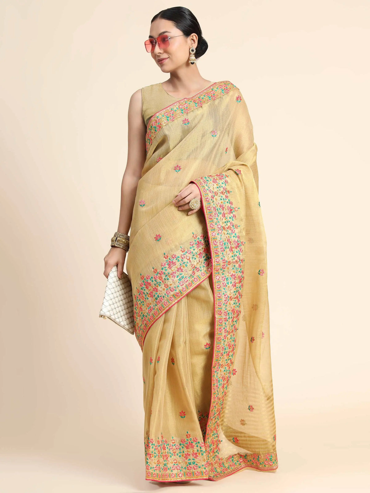 Gold Tissue Embroidered Panel Work Saree Chickoo - Colorful Saree