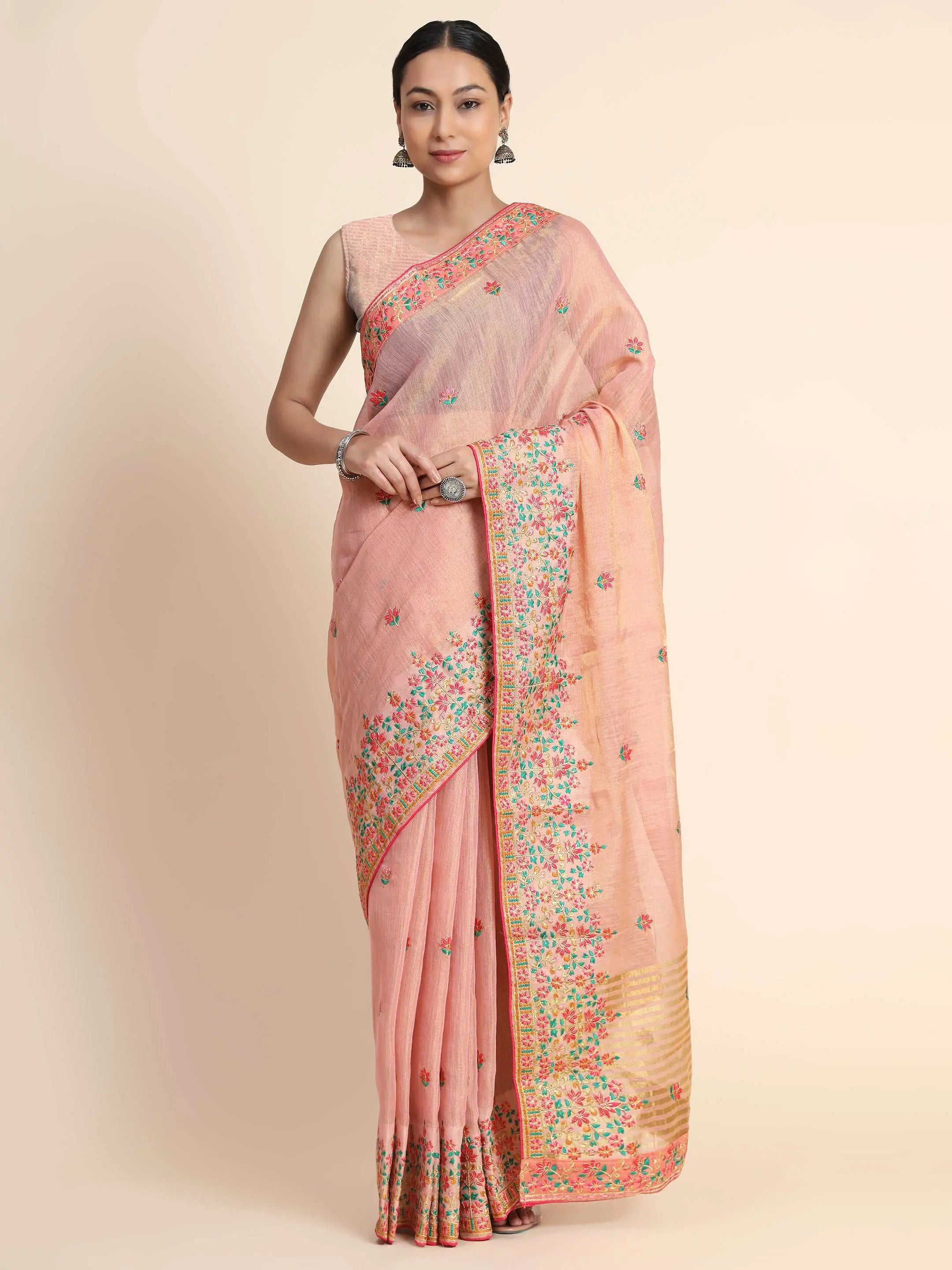 Gold Tissue Embroidered Panel Work Saree Pastel Pink - Colorful Saree