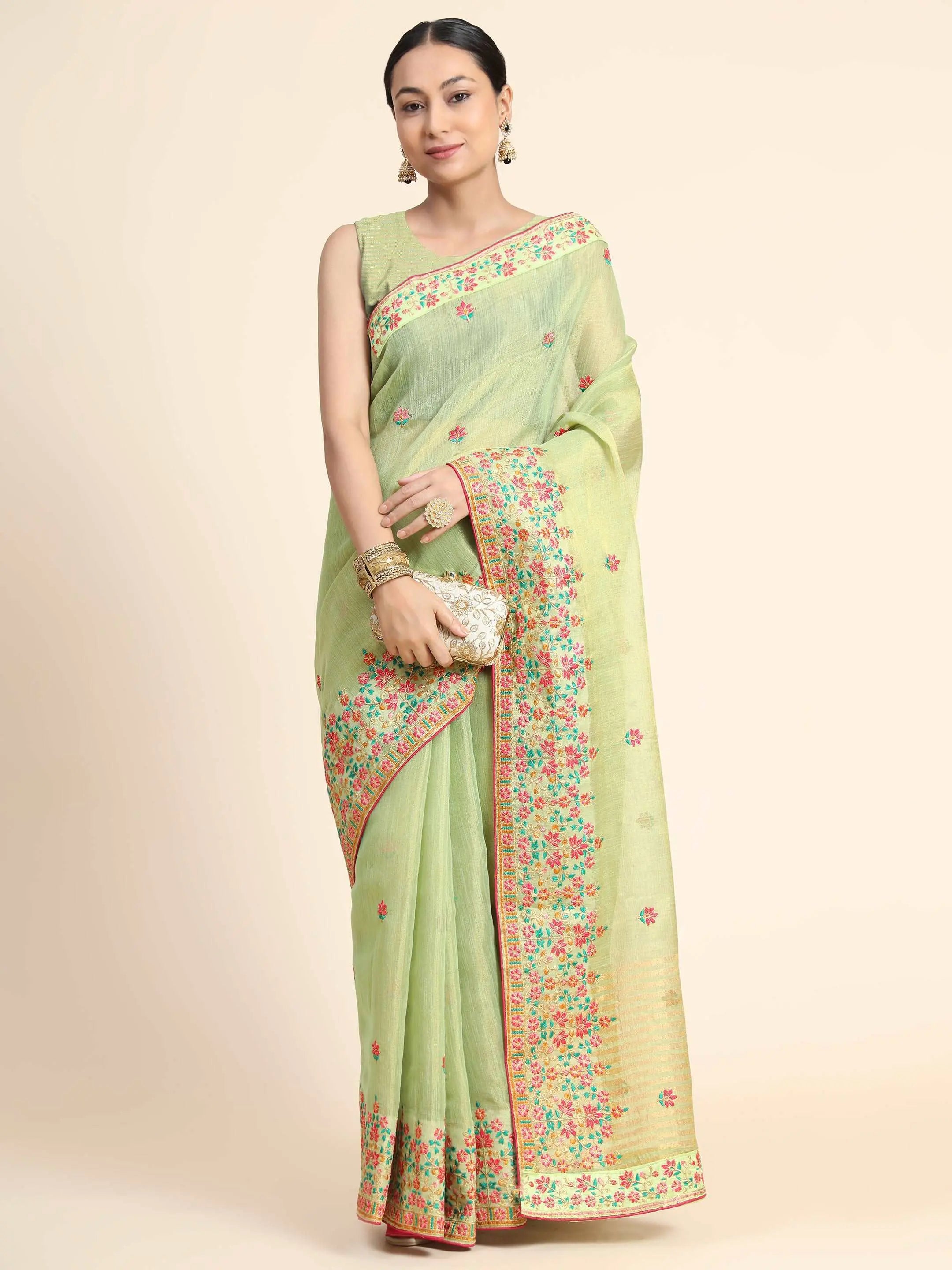 Gold Tissue Embroidered Panel Work Saree Pista Green - Colorful Saree