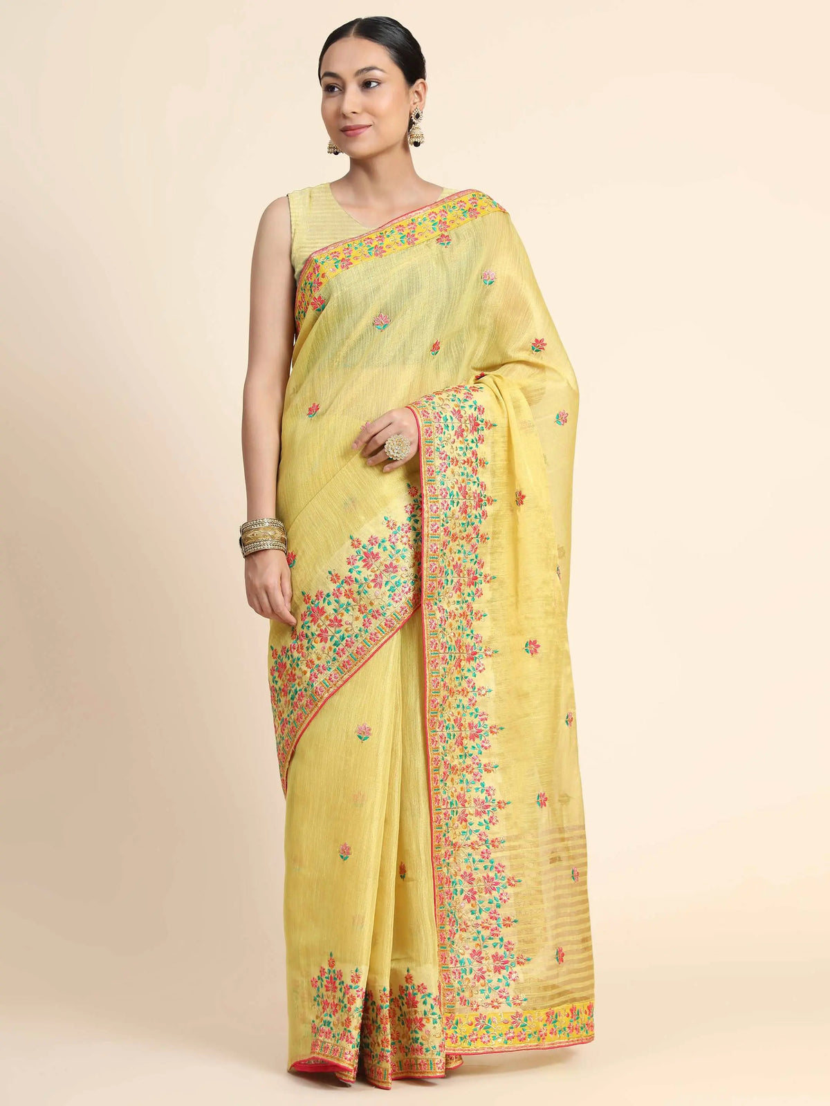 Gold Tissue Embroidered Panel Work Saree Yellow Gold - Colorful Saree