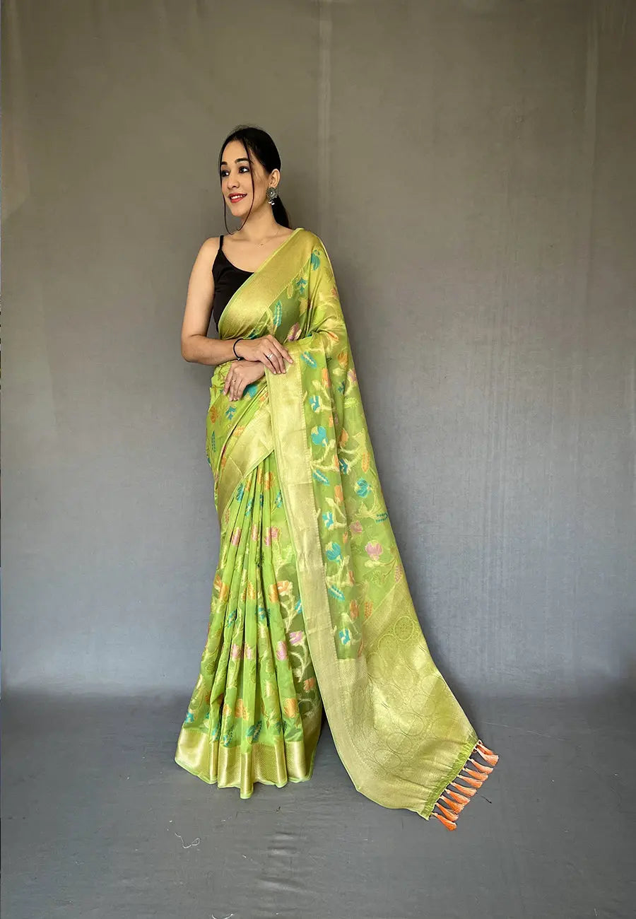 Green Barfi Organza Silk Woven Saree - Colorful Saree