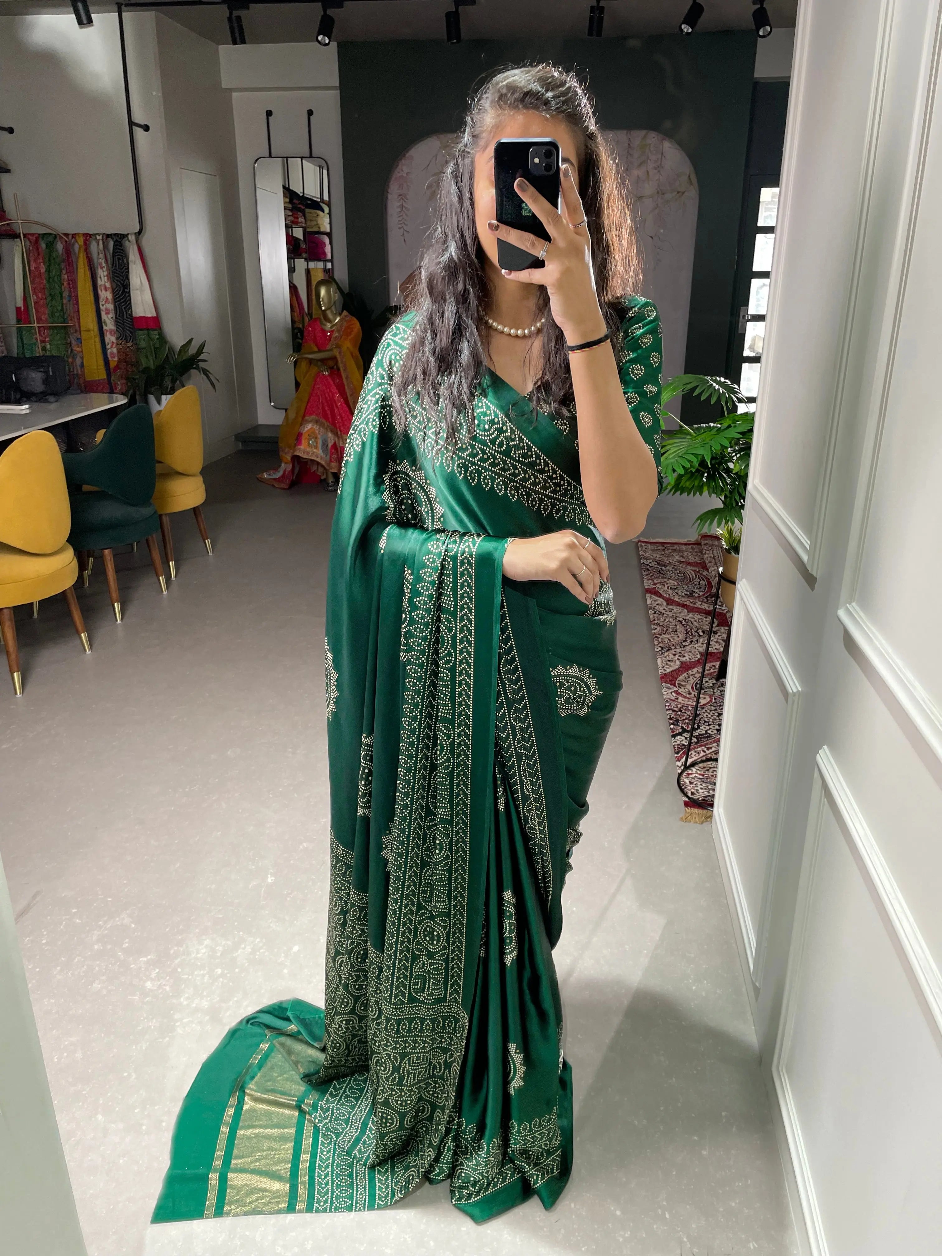 Green Color Printed And Foil Work Semi Gaji Satin Saree - Colorful Saree