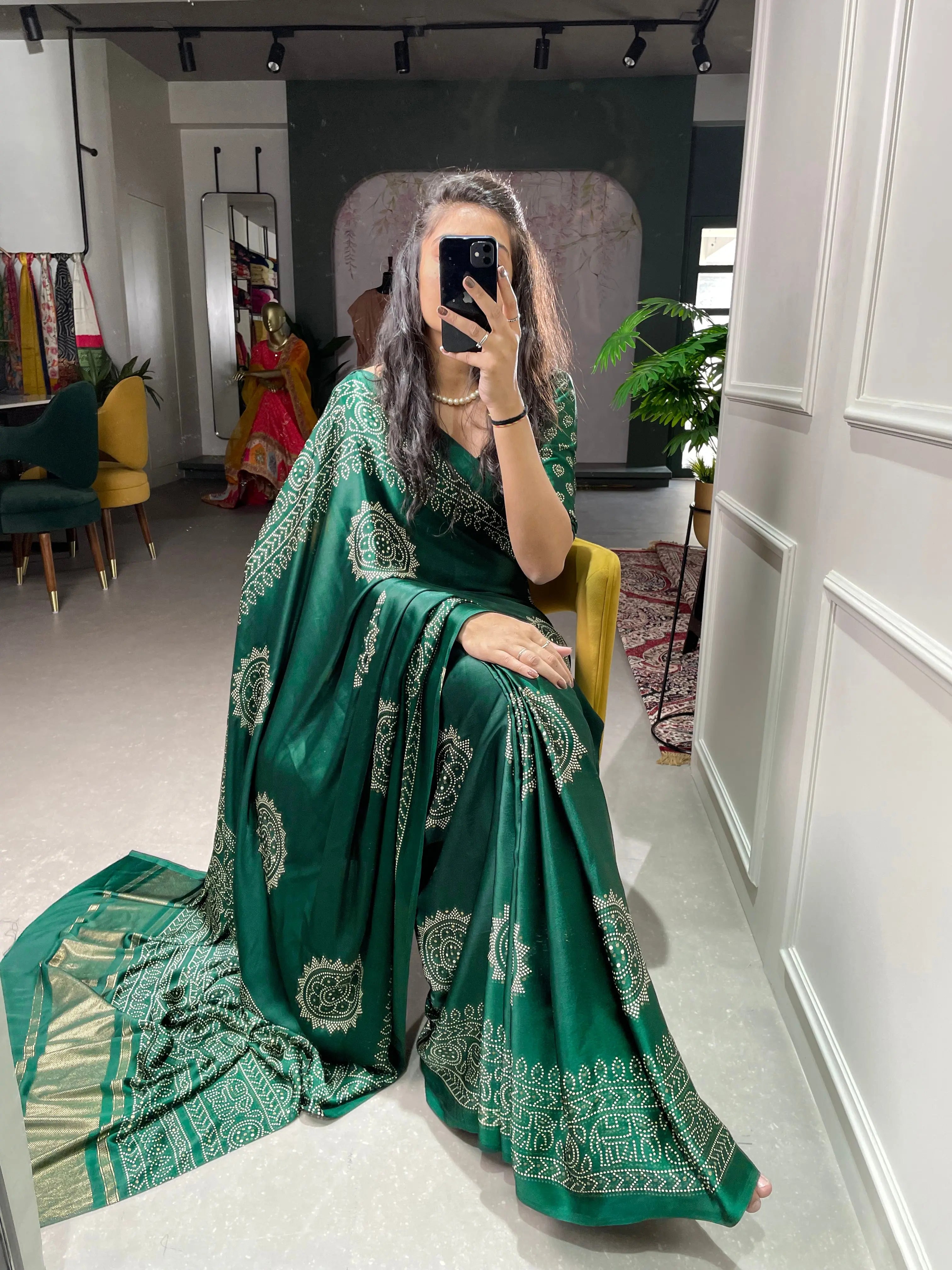 Green Color Printed And Foil Work Semi Gaji Satin Saree - Colorful Saree