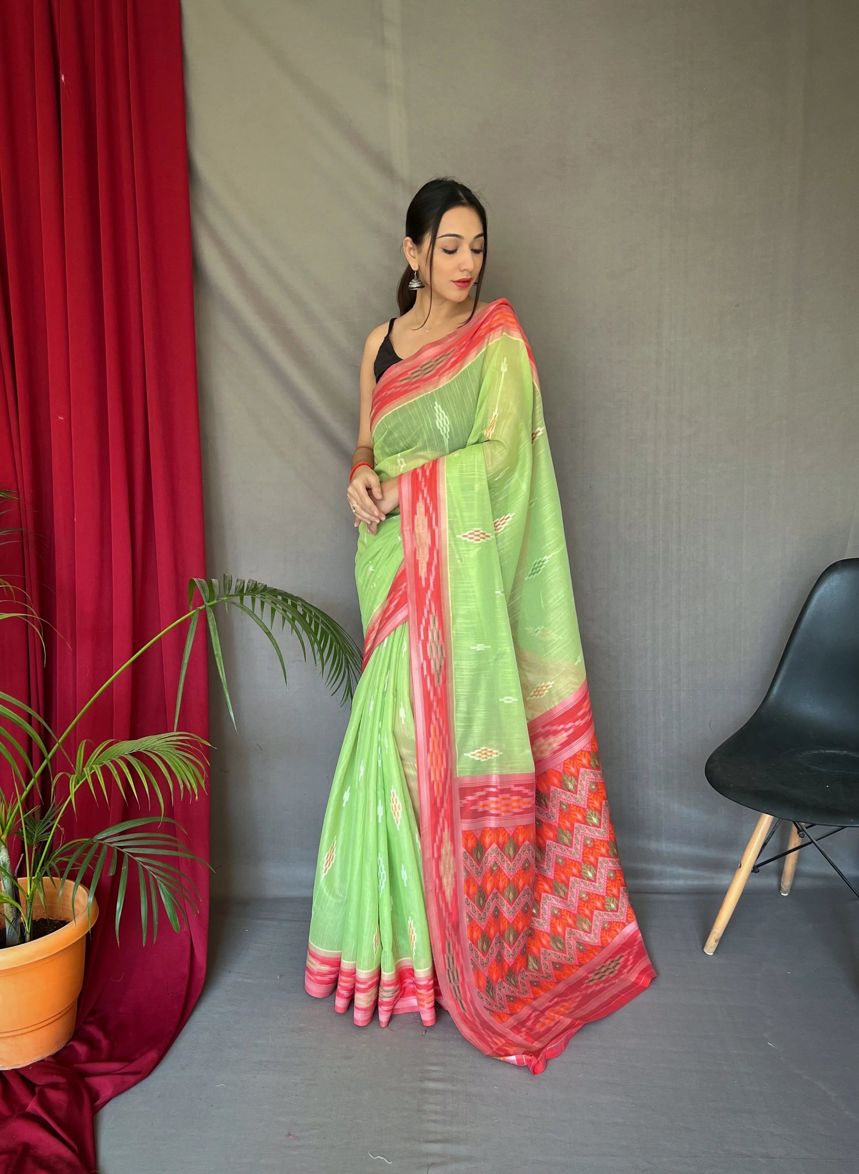 Green Cotton Ikat Woven Saree - Colorful Saree