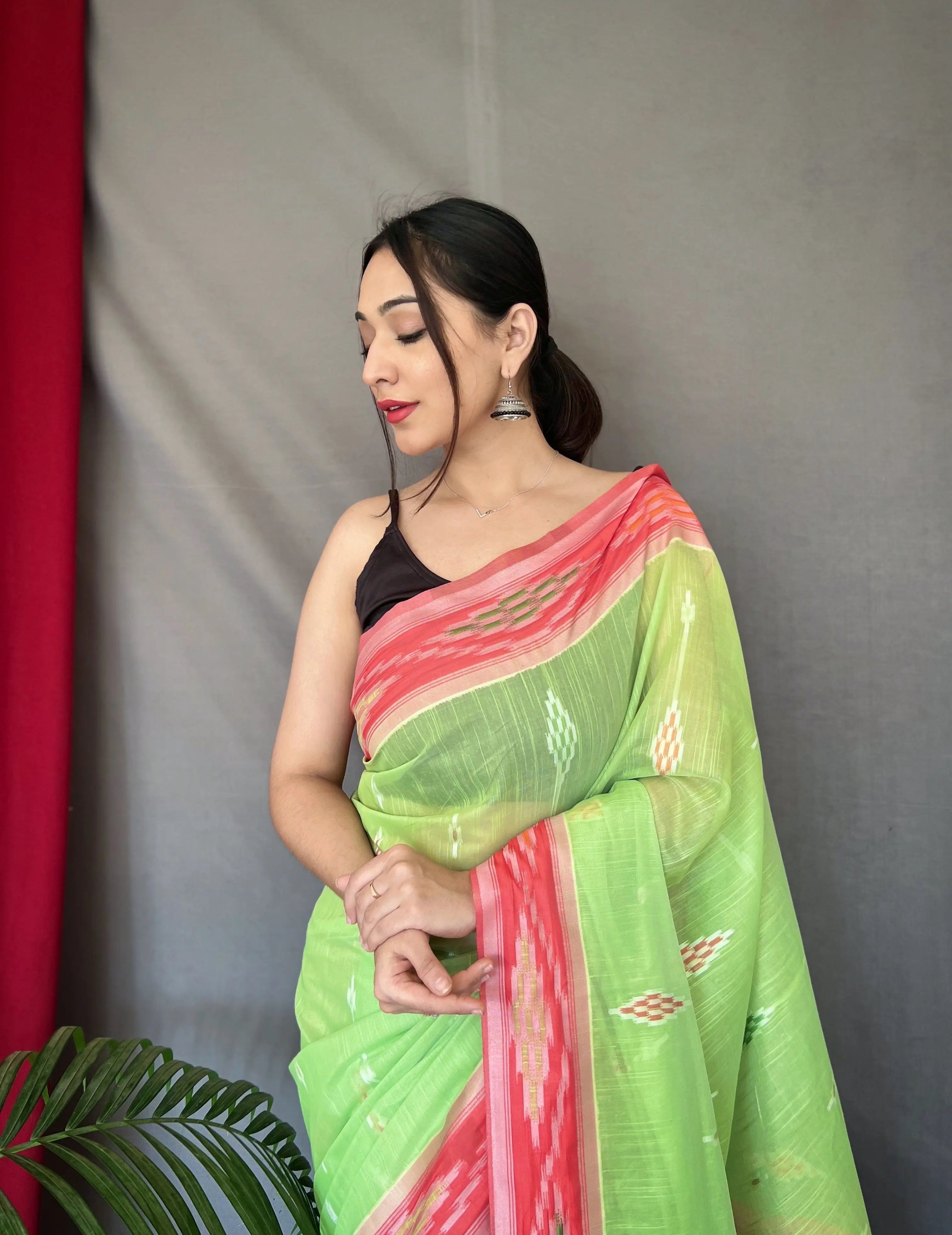 Green Cotton Ikat Woven Saree - Colorful Saree