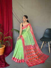 Green Cotton Ikat Woven Saree - Colorful Saree