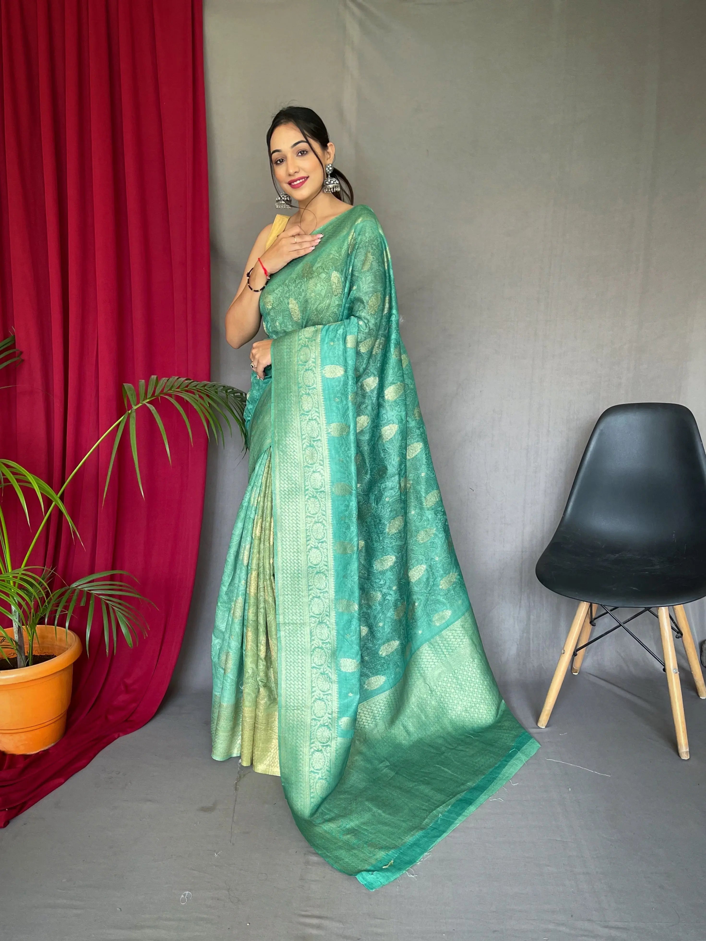 Green Cyan Saree in Banarasi Silk With Dual Tone Self Print - Colorful Saree