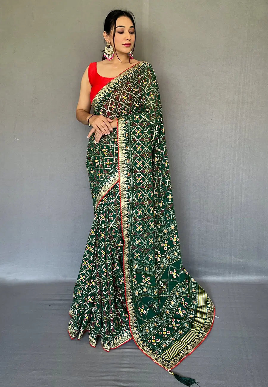 Green Georgette Bandhani Gota Patti Embroidered Saree - Colorful Saree