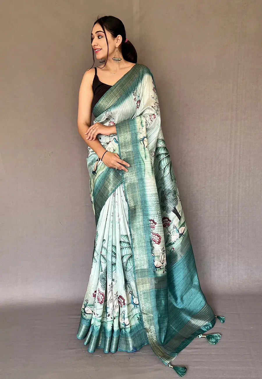 Greenish Cyan Gopika Pichwai Tussar Silk Woven Saree - Colorful Saree