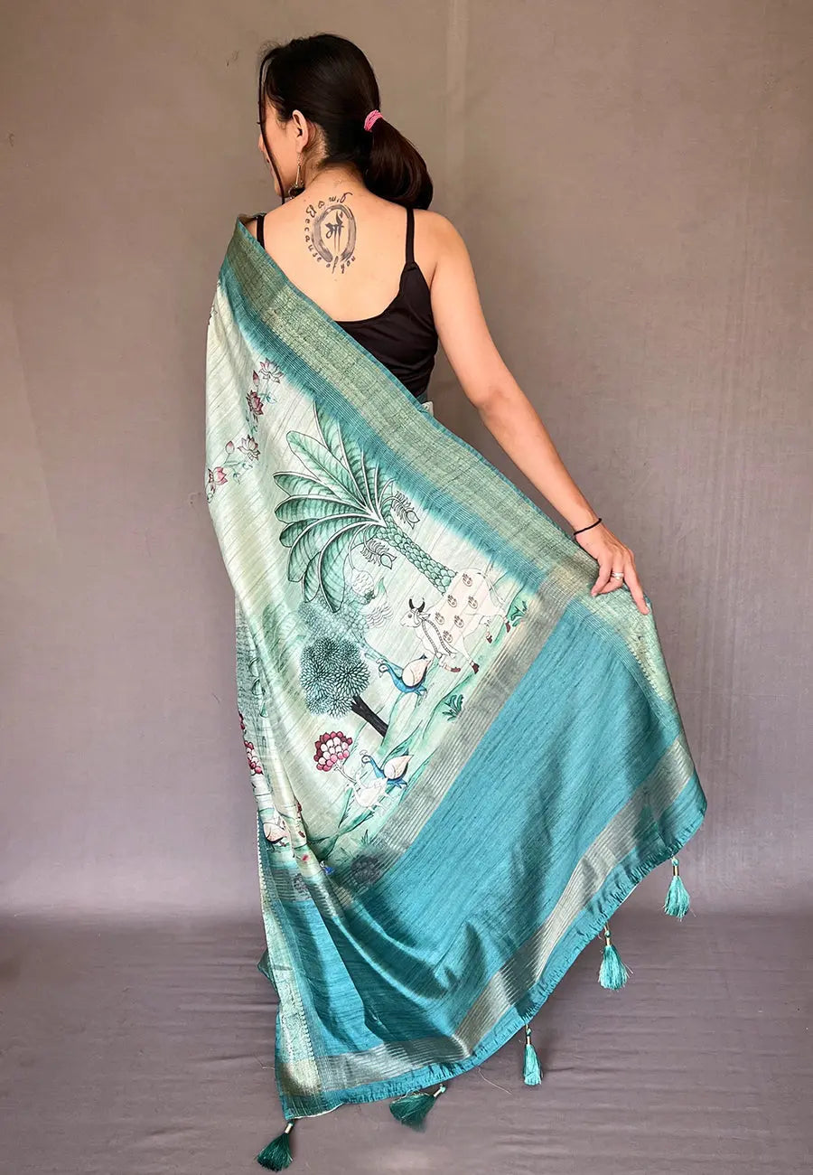 Greenish Cyan Gopika Pichwai Tussar Silk Woven Saree - Colorful Saree