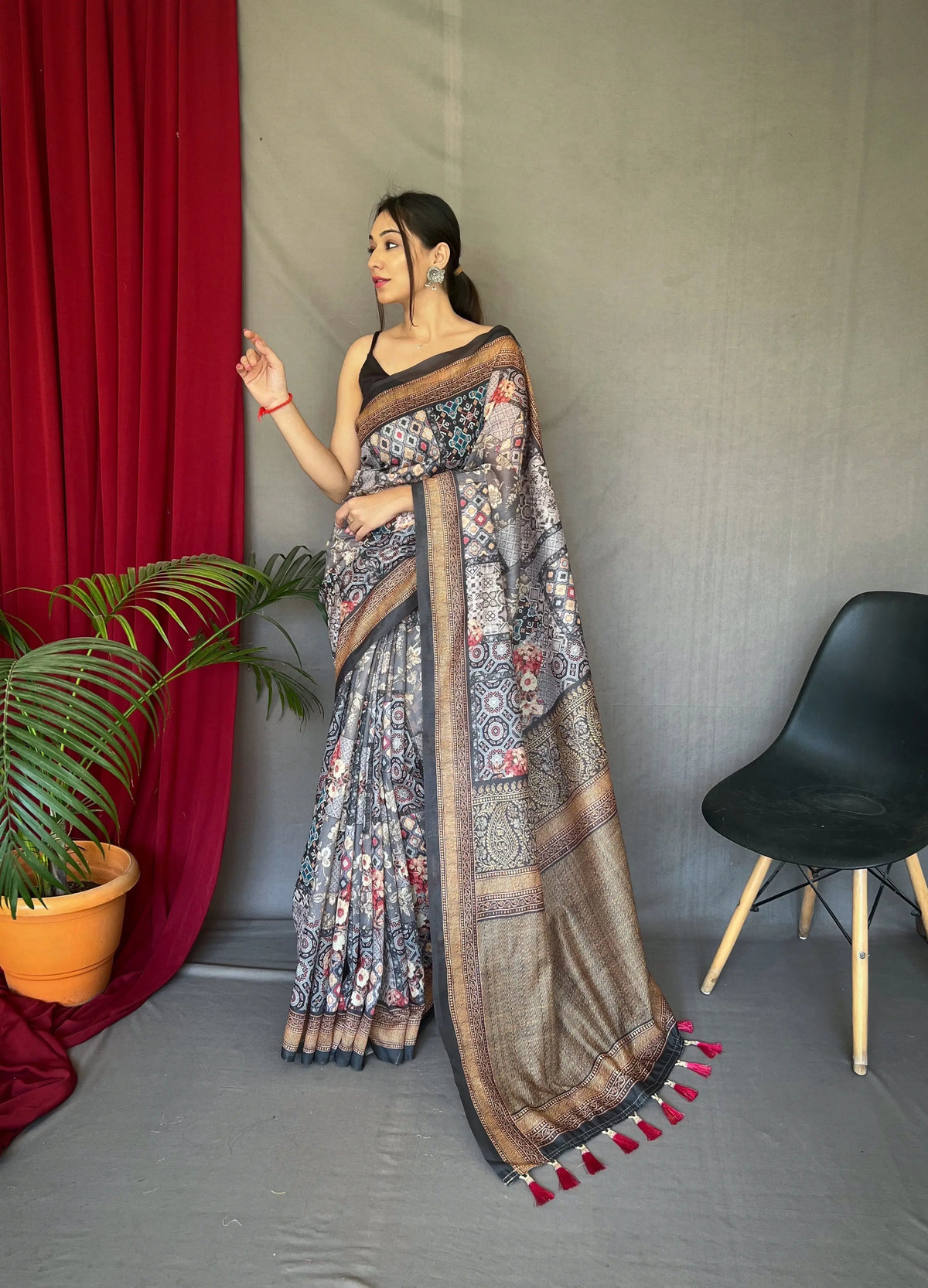 Grey Ajrakh Carpet Silk Cotton Printed Saree - Colorful Saree