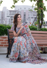 Grey Amita Linen Cotton Kalamkari Printed Saree - Colorful Saree