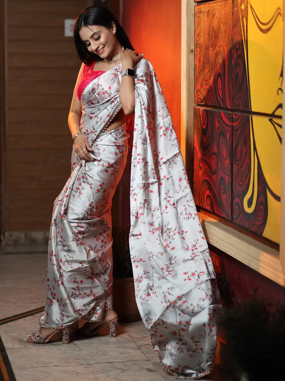 Grey Color Digital Printed Japan Satin Saree With Pearl Lace Border - Colorful Saree