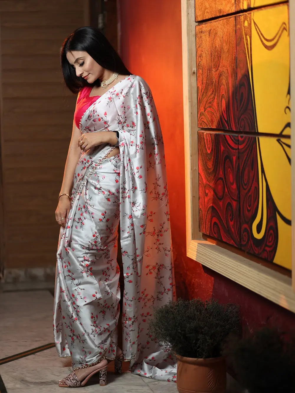 Grey Color Digital Printed Japan Satin Saree With Pearl Lace Border - Colorful Saree