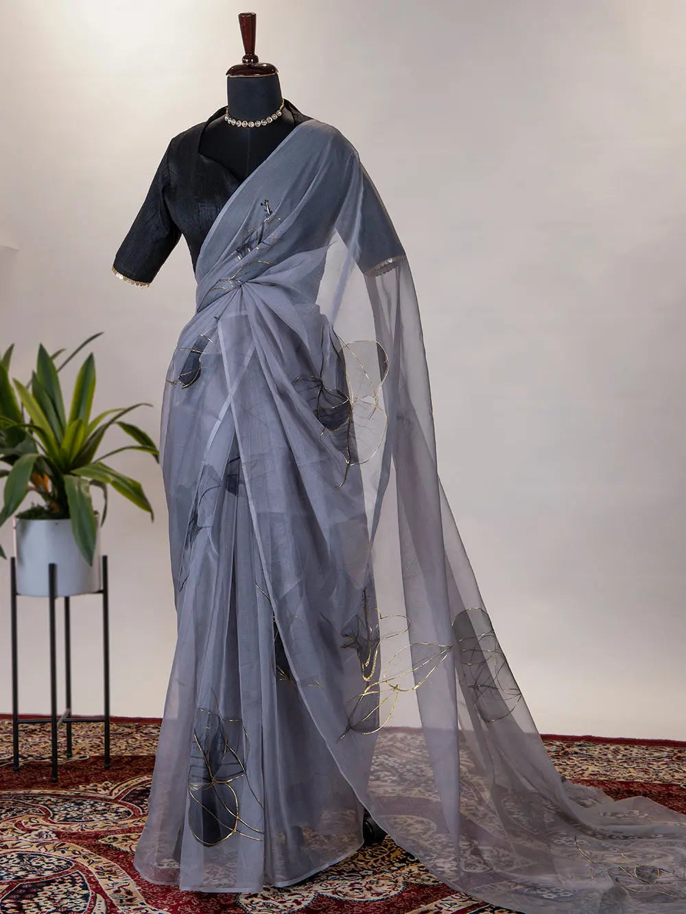 Grey Color Floral & Foil Print Organza Saree - Colorful Saree