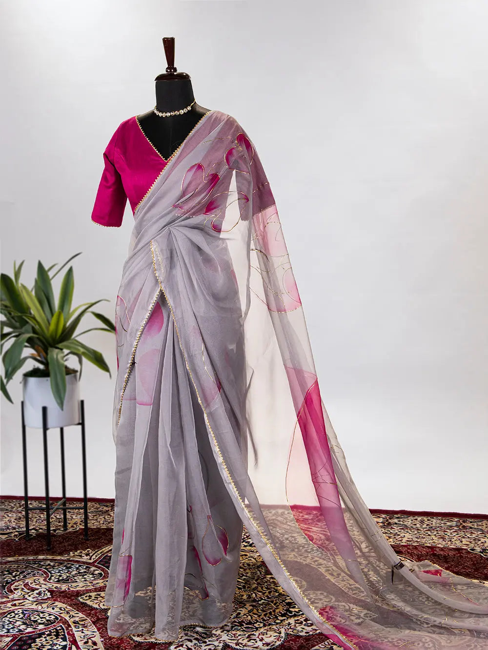 Grey Color Floral & Foil Printed Organza Saree - Colorful Saree