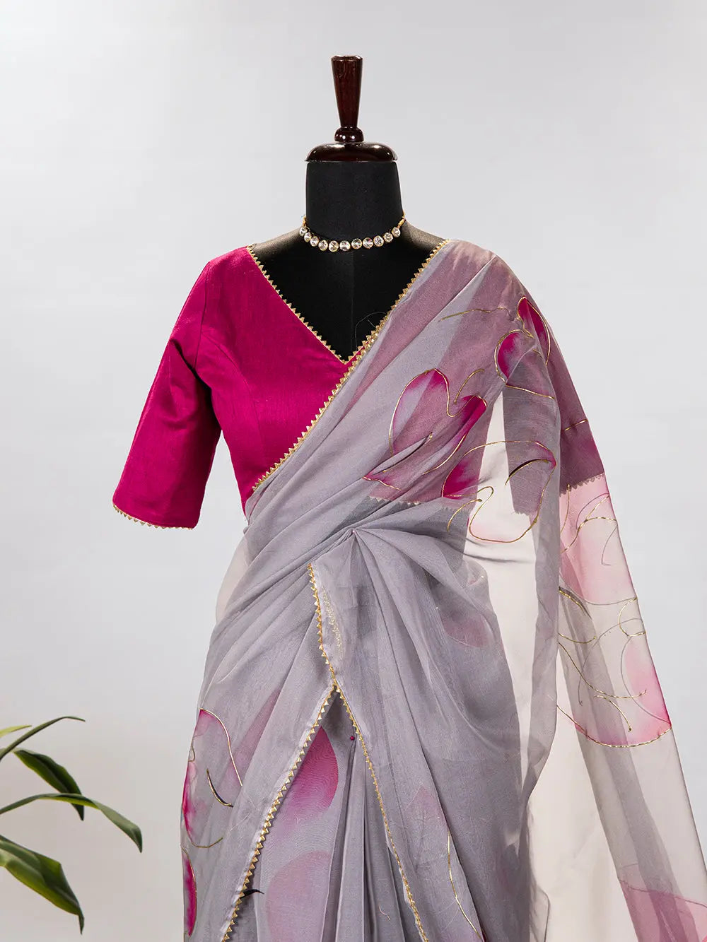 Grey Color Floral & Foil Printed Organza Saree - Colorful Saree