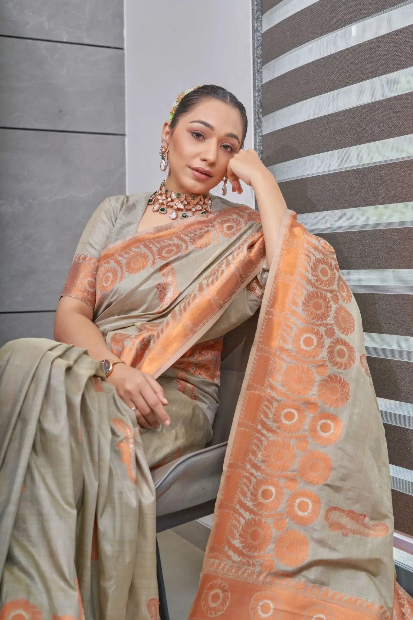 Grey Devika Tussar Silk Copper Zari Woven Saree - Colorful Saree